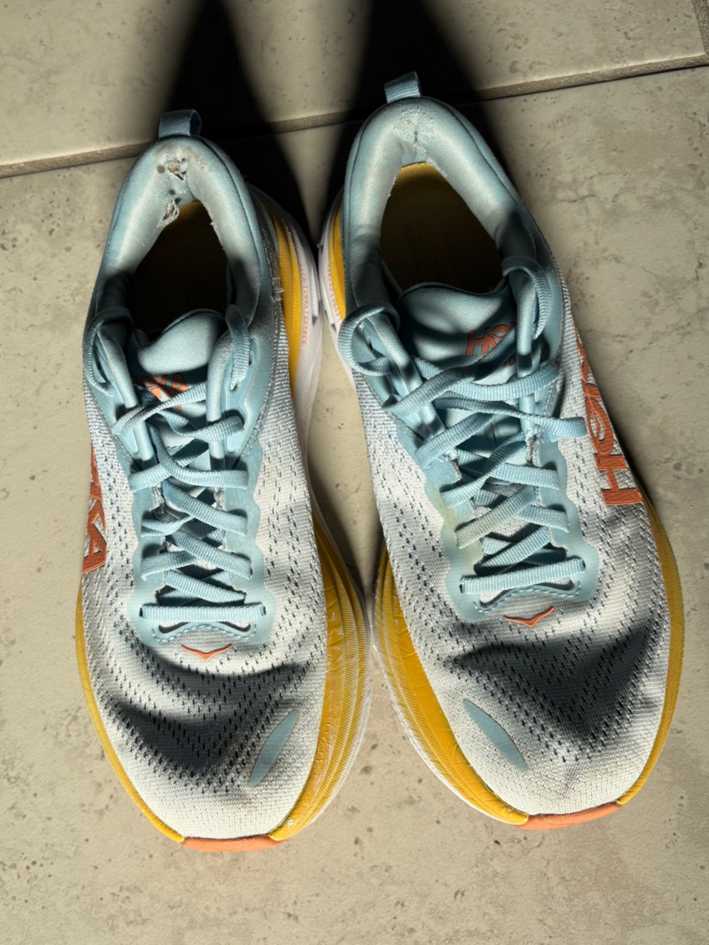 Hoka One One Women's Light Blue White Yellow Athletic Shoes size 9